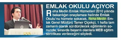 “Emlak Okulu Açıyor” — Reha Medin Emlak Okulu girişimi